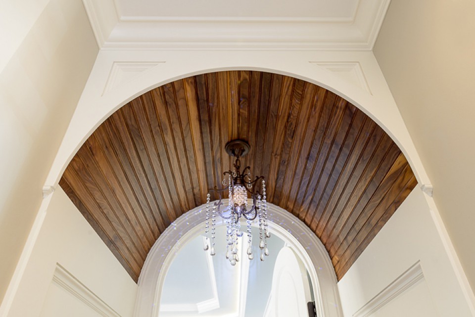 Walnut Ceiling. Painted Trim and Mouldings.